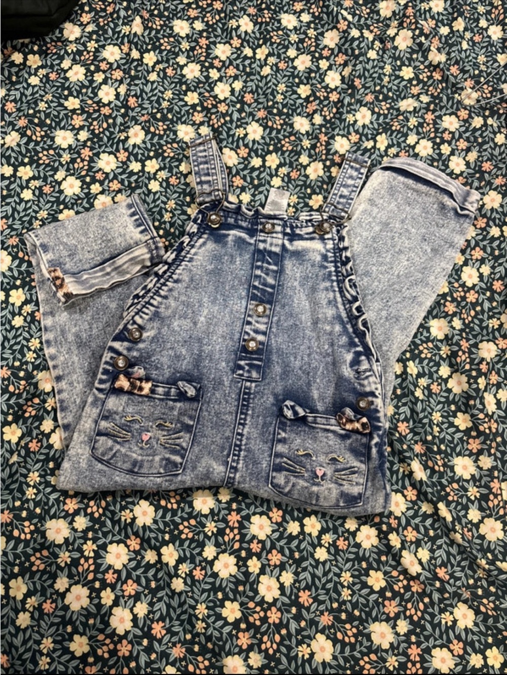 Girls' Acid Wash Denim Overalls with Kitty Pockets